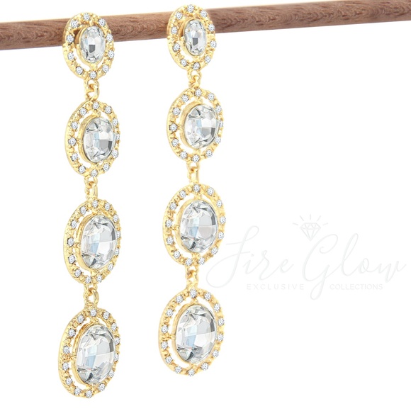 Gold Tiered Gem and Stud Dangling Earrings - Picture 5 of 8